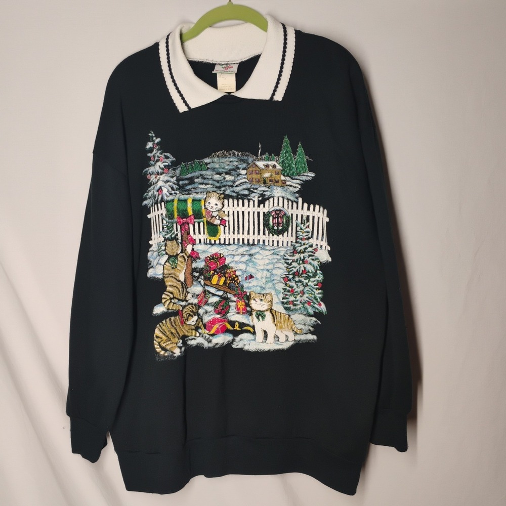 Vintage Nutcracker Womens 1X Christmas Cat Sweater Collared Winter